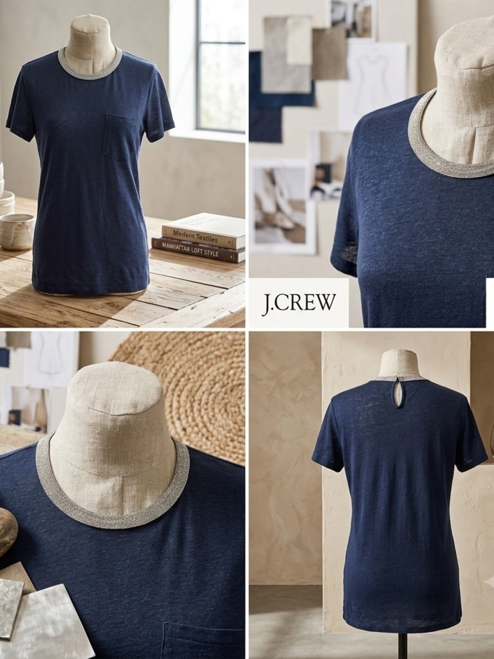 J. Crew Navy Short-Sleeve Tee with Metallic Silver Trim Size S.